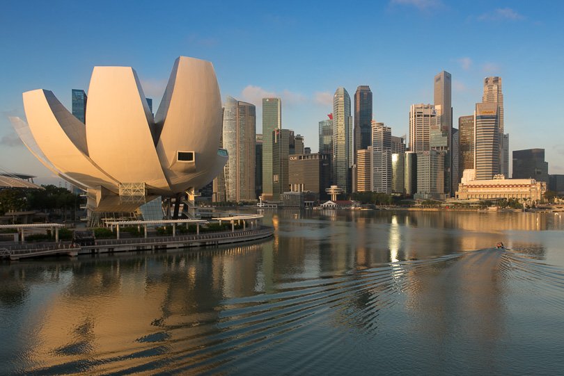 Singapur, Marina Bay, Highlights, Skyline, ArtScience Museum beim Sonnenaufgang