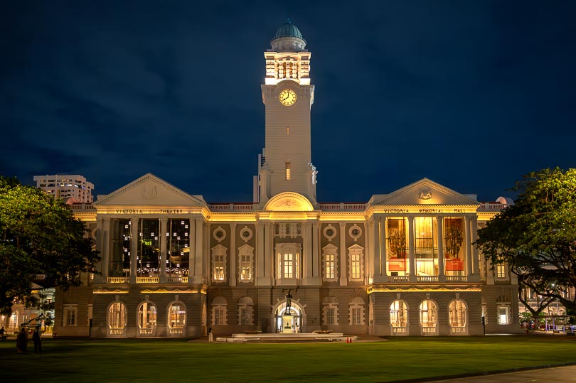 Singapur, Victoria_Theatre, Victoria Theater, Abendstimmung, Nachtansicht